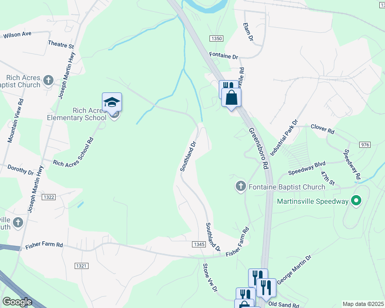 map of restaurants, bars, coffee shops, grocery stores, and more near 550 Southland Drive in Martinsville