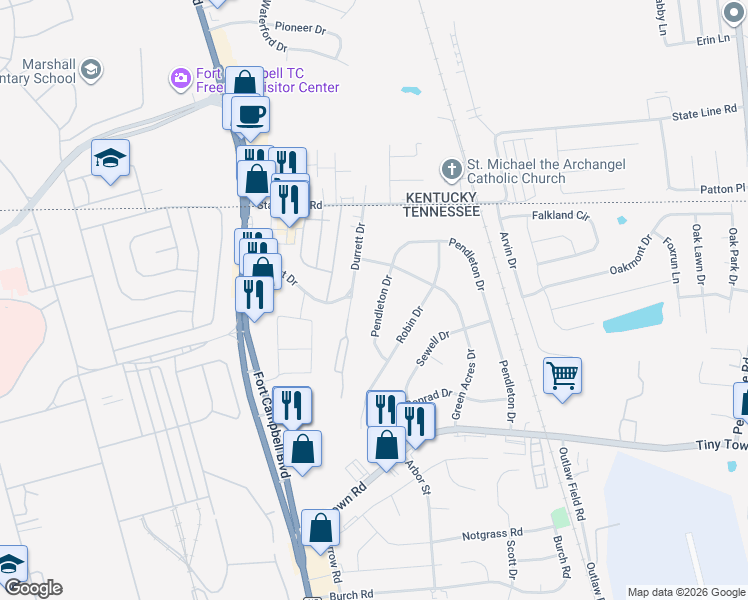 map of restaurants, bars, coffee shops, grocery stores, and more near 2425 Pendleton Drive in Clarksville