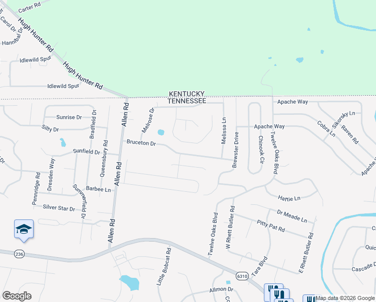 map of restaurants, bars, coffee shops, grocery stores, and more near 1413 Bruceton Drive in Clarksville