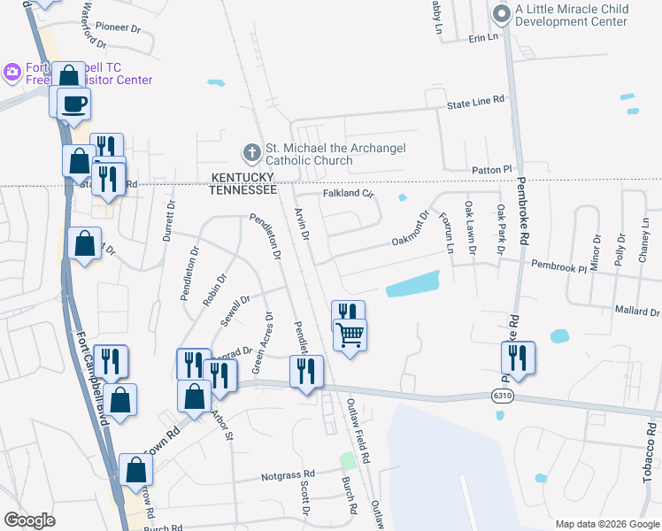 map of restaurants, bars, coffee shops, grocery stores, and more near 501 Fox Trot Drive in Clarksville