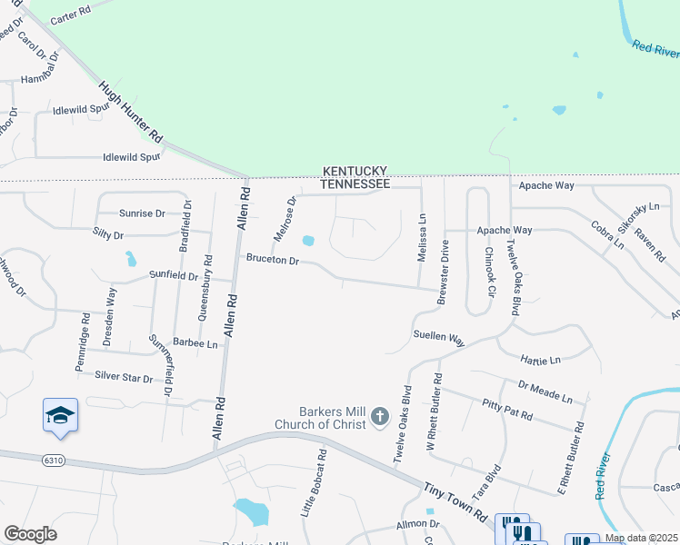 map of restaurants, bars, coffee shops, grocery stores, and more near 1397 Bruceton Drive in Clarksville
