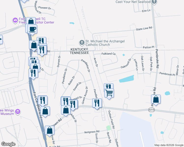 map of restaurants, bars, coffee shops, grocery stores, and more near 2302 Pendleton Drive in Clarksville
