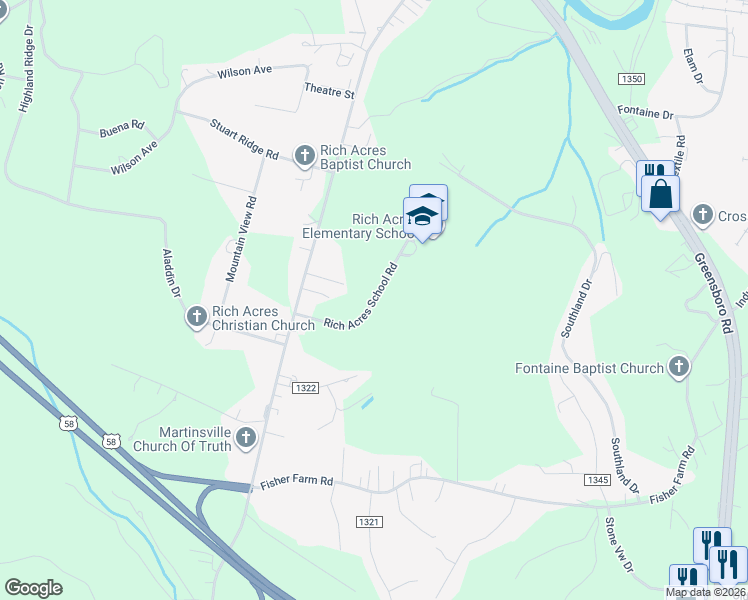 map of restaurants, bars, coffee shops, grocery stores, and more near Rich Acres School Road in Henry County