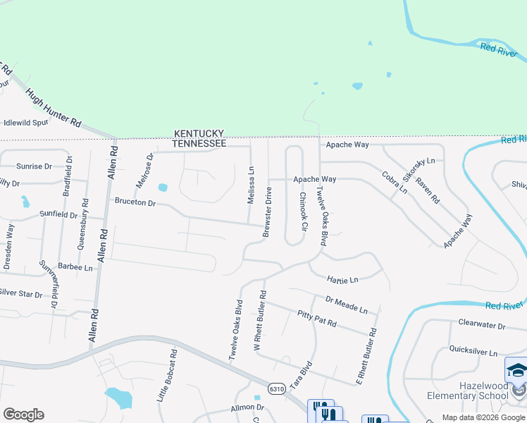 map of restaurants, bars, coffee shops, grocery stores, and more near 2913 Brewster Drive in Clarksville