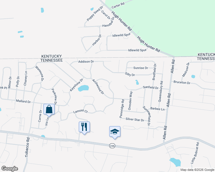 map of restaurants, bars, coffee shops, grocery stores, and more near 1224 Shorehaven Drive in Clarksville