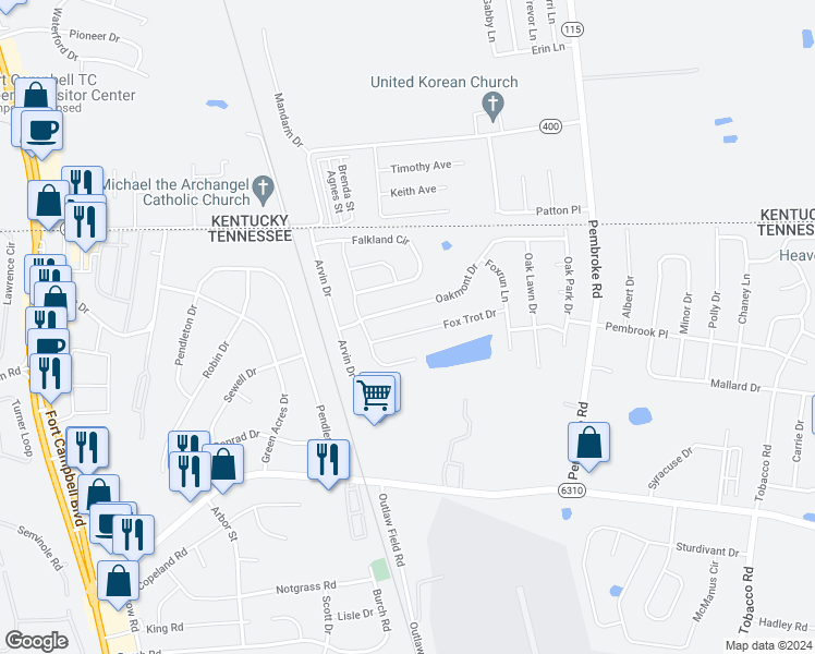 map of restaurants, bars, coffee shops, grocery stores, and more near 515 Fox Trot Drive in Clarksville