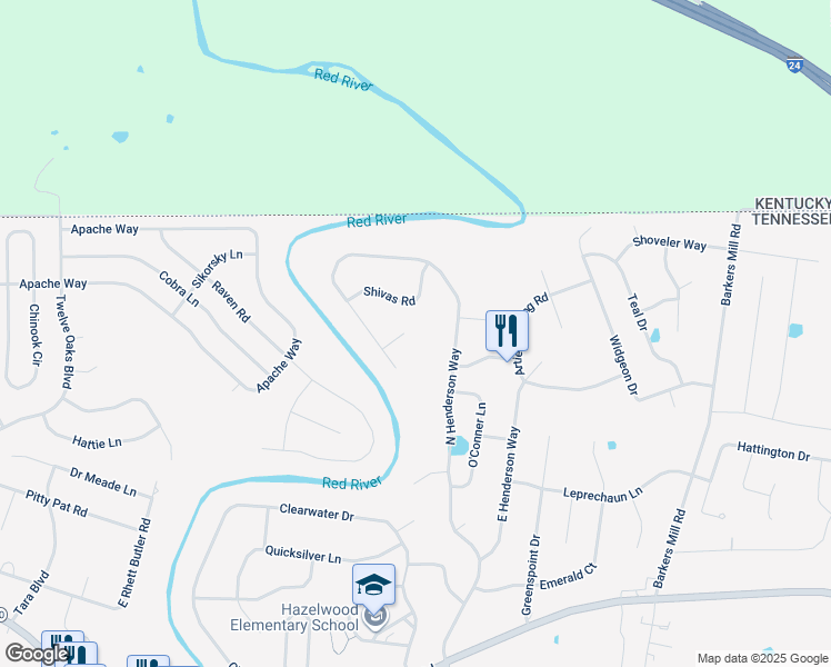 map of restaurants, bars, coffee shops, grocery stores, and more near 2544 Killarney Court in Clarksville