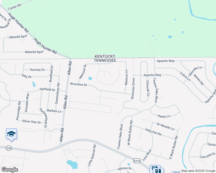 map of restaurants, bars, coffee shops, grocery stores, and more near 1413 Bruceton Drive in Clarksville