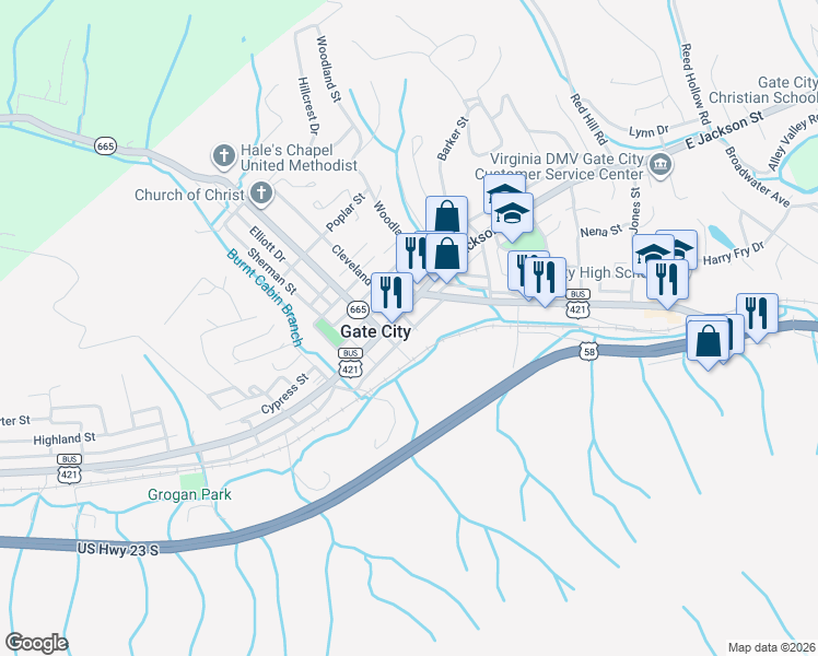 map of restaurants, bars, coffee shops, grocery stores, and more near 113-115 East Water Street in Gate City