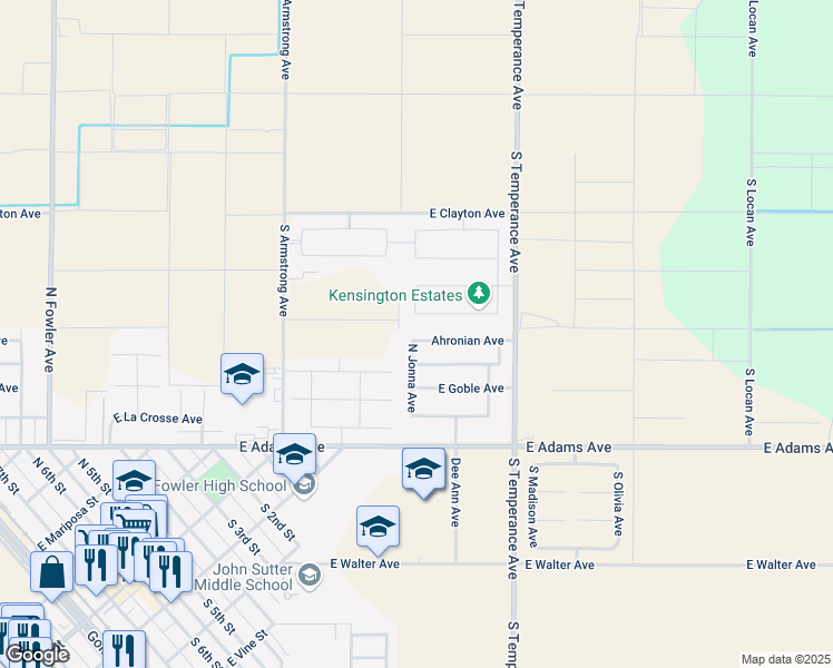 map of restaurants, bars, coffee shops, grocery stores, and more near 221 North Jonna Avenue in Fowler