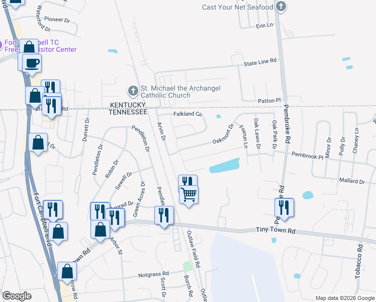 map of restaurants, bars, coffee shops, grocery stores, and more near 510 Oakmont Drive in Clarksville