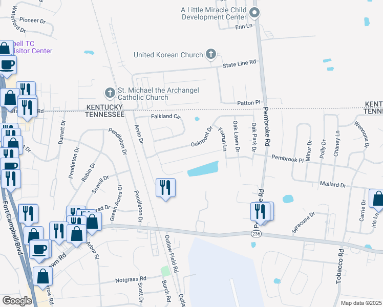 map of restaurants, bars, coffee shops, grocery stores, and more near 527 Fox Trot Drive in Clarksville