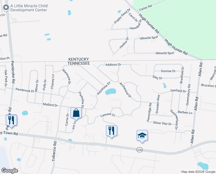map of restaurants, bars, coffee shops, grocery stores, and more near 828 Keystone Drive in Clarksville