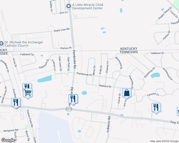 map of restaurants, bars, coffee shops, grocery stores, and more near 3398 Minor Drive in Clarksville
