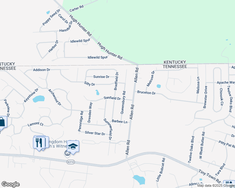 map of restaurants, bars, coffee shops, grocery stores, and more near 3411 Bradfield Road in Clarksville
