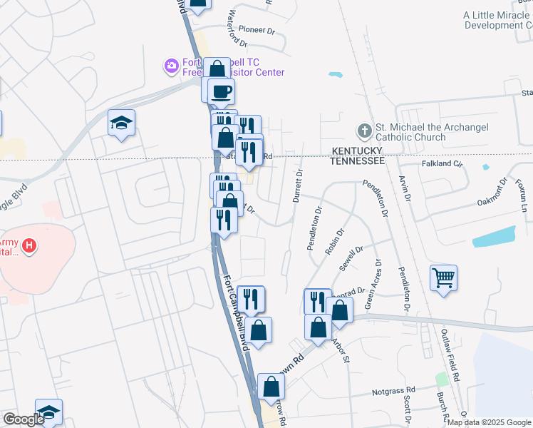 map of restaurants, bars, coffee shops, grocery stores, and more near 65 Durrett Drive in Clarksville