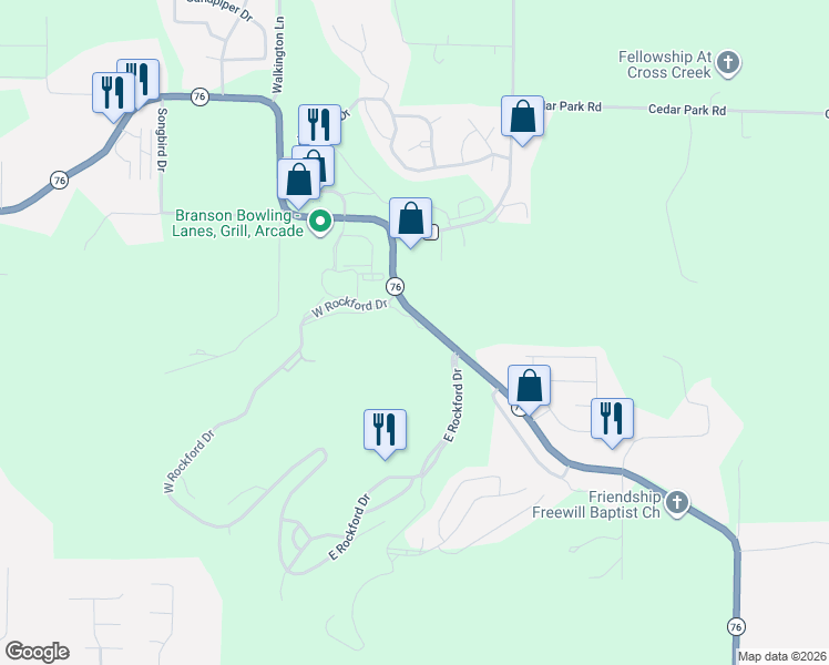 map of restaurants, bars, coffee shops, grocery stores, and more near 110 East Rockford Drive in Kirbyville