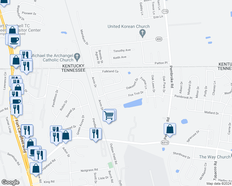 map of restaurants, bars, coffee shops, grocery stores, and more near 518 Oakmont Drive in Clarksville