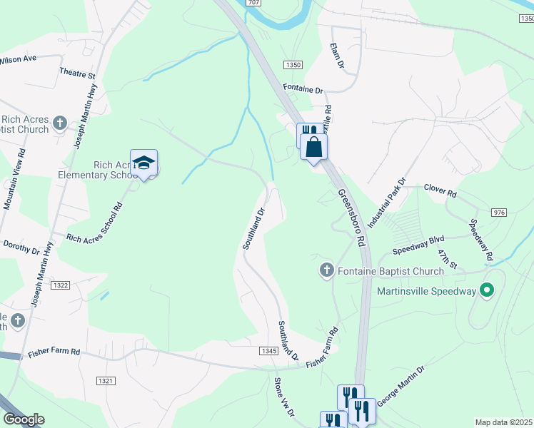 map of restaurants, bars, coffee shops, grocery stores, and more near 550 Southland Dr in Martinsville