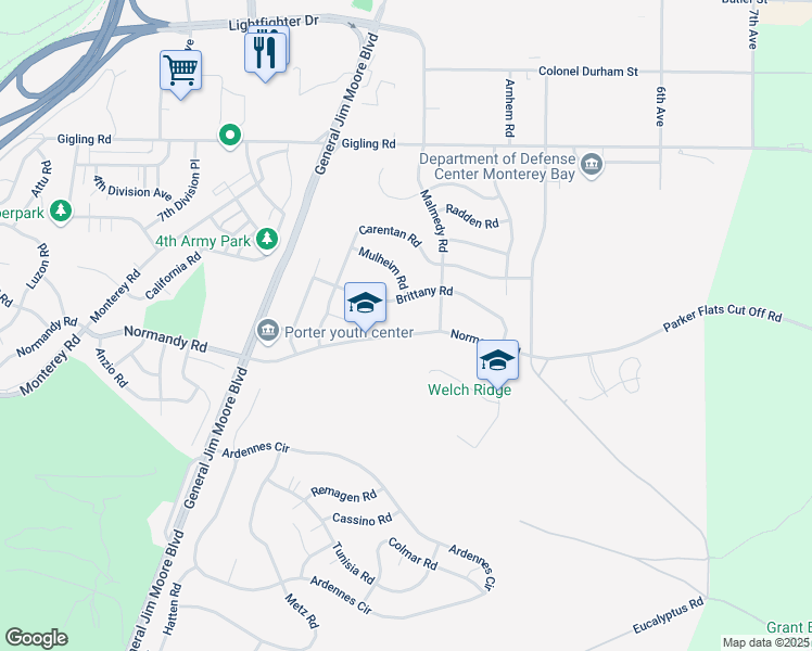 map of restaurants, bars, coffee shops, grocery stores, and more near 256-292 Normandy Road in Seaside