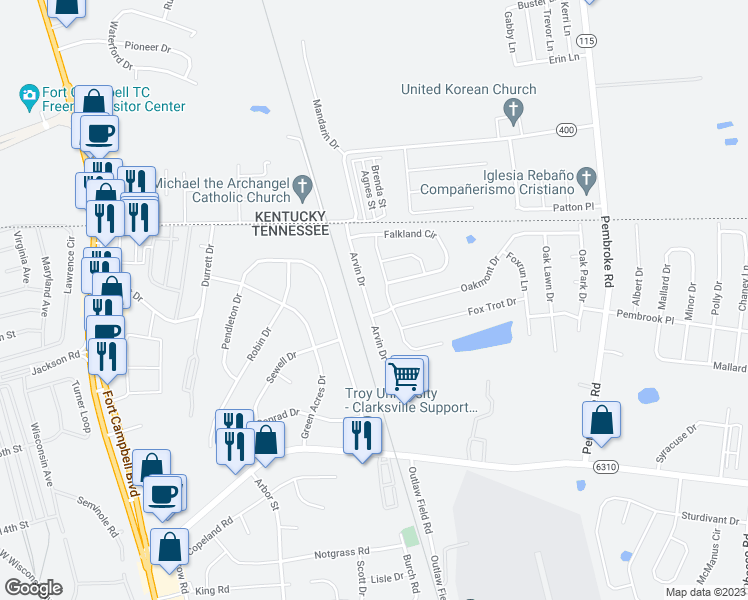 map of restaurants, bars, coffee shops, grocery stores, and more near 3471 Arvin Drive in Clarksville