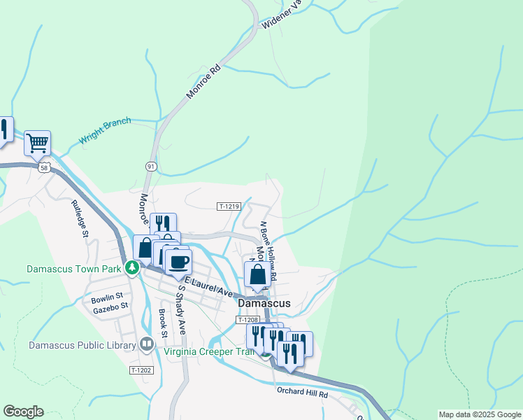 map of restaurants, bars, coffee shops, grocery stores, and more near 801 Hill Crest Avenue in Damascus