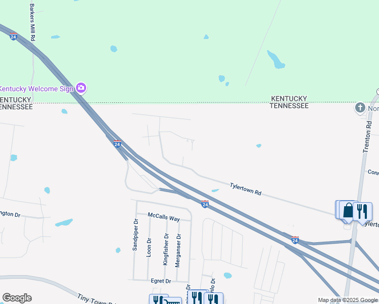 map of restaurants, bars, coffee shops, grocery stores, and more near 1760 Spring Water Drive in Clarksville