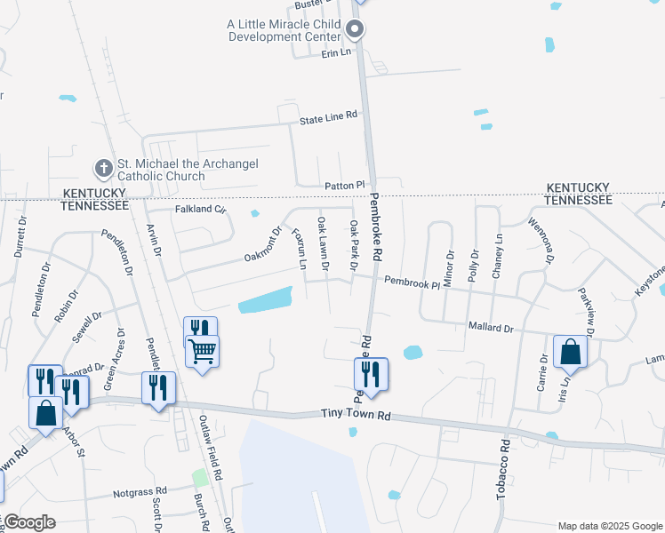map of restaurants, bars, coffee shops, grocery stores, and more near 3422 Oak Lawn Drive in Clarksville