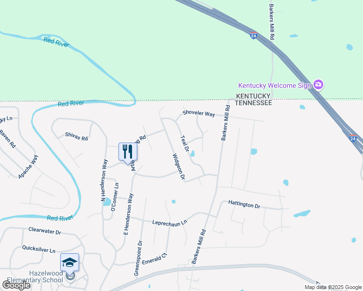 map of restaurants, bars, coffee shops, grocery stores, and more near 3540 Teal Drive in Clarksville