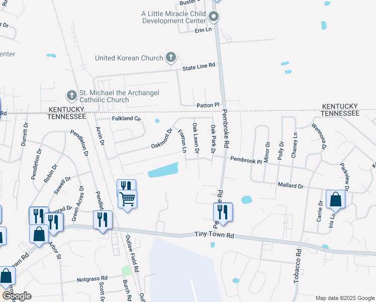 map of restaurants, bars, coffee shops, grocery stores, and more near 3425 Foxrun Lane in Clarksville