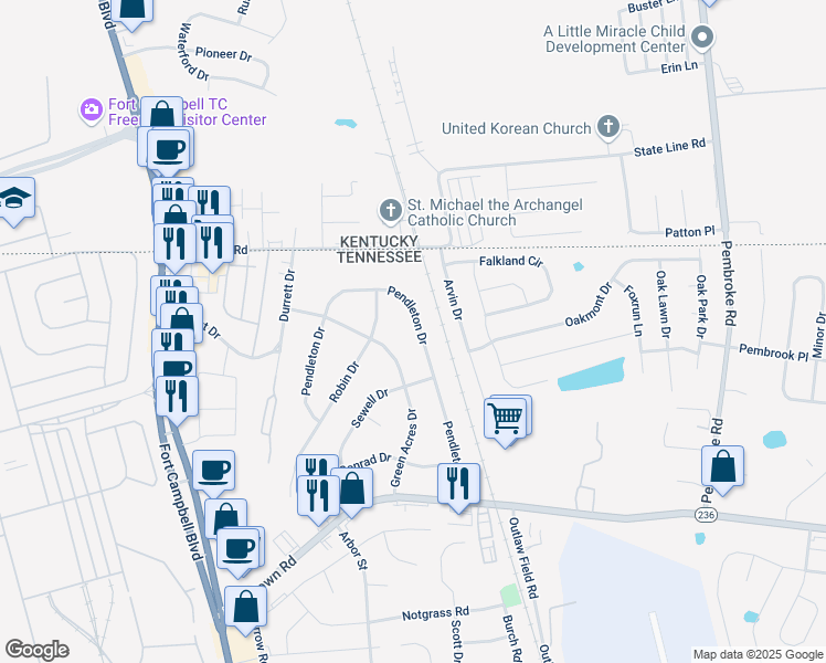 map of restaurants, bars, coffee shops, grocery stores, and more near 2310 Pendleton Drive in Clarksville
