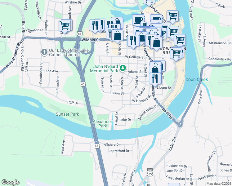 map of restaurants, bars, coffee shops, grocery stores, and more near 508 Brown Street in Branson