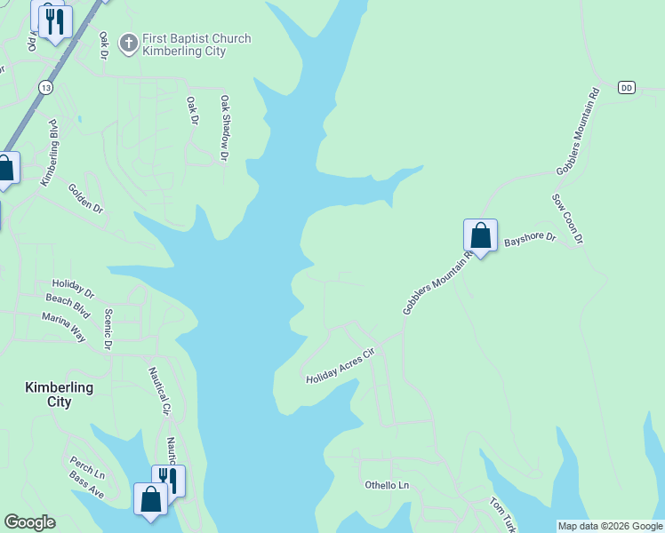 map of restaurants, bars, coffee shops, grocery stores, and more near 59 Troutdale Lane in Branson West