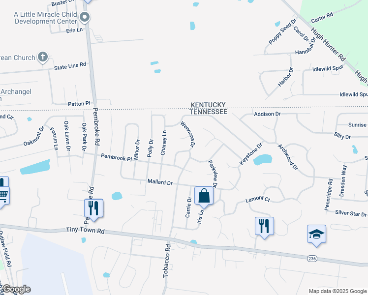 map of restaurants, bars, coffee shops, grocery stores, and more near 1312 Wennona Drive in Clarksville