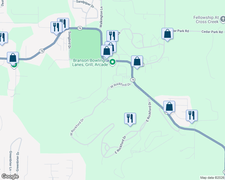 map of restaurants, bars, coffee shops, grocery stores, and more near 165 West Rockford Drive in Kirbyville