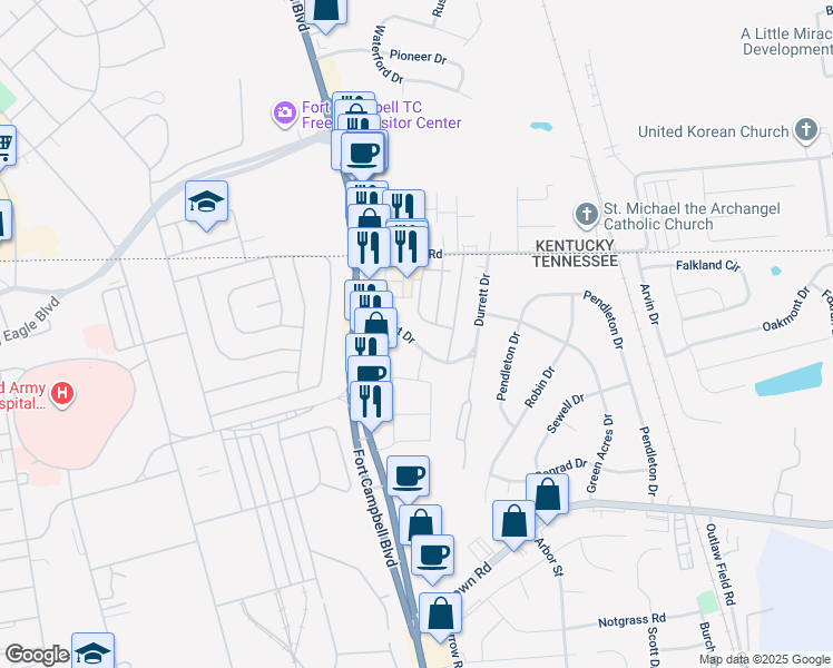 map of restaurants, bars, coffee shops, grocery stores, and more near 61 Durrett Drive in Clarksville