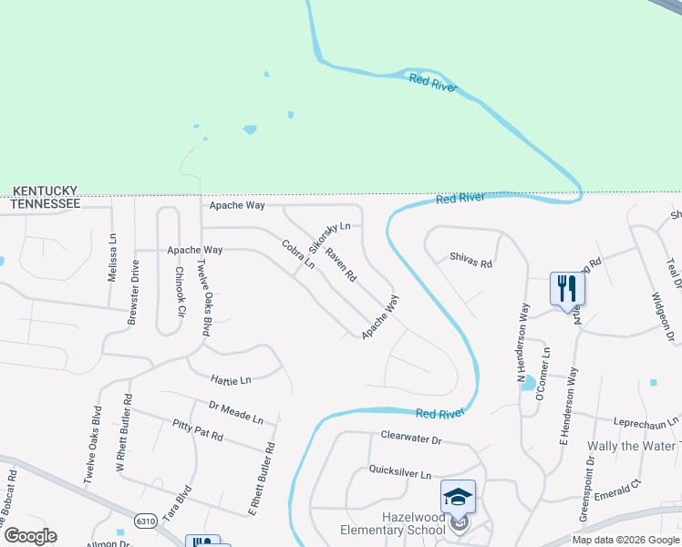 map of restaurants, bars, coffee shops, grocery stores, and more near 1438 Raven Road in Clarksville