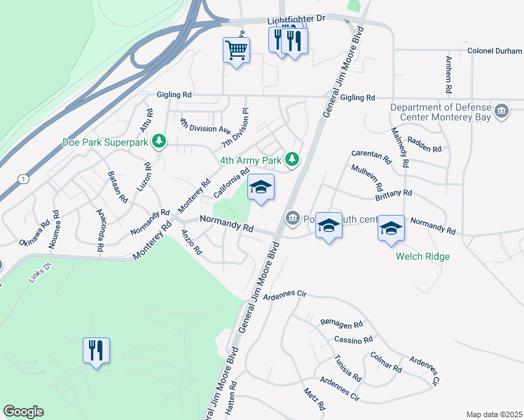 map of restaurants, bars, coffee shops, grocery stores, and more near 225 Normandy Road in Seaside
