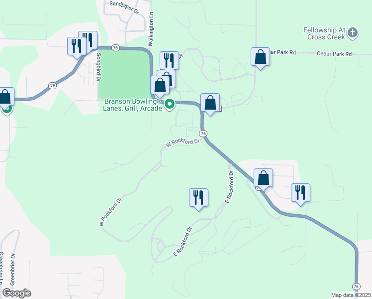 map of restaurants, bars, coffee shops, grocery stores, and more near 150 West Rockford Drive in Branson