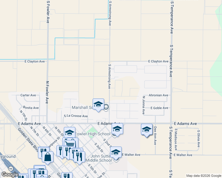 map of restaurants, bars, coffee shops, grocery stores, and more near 6660 South Armstrong Avenue in Fowler