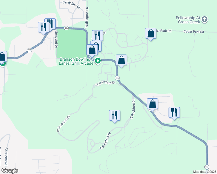 map of restaurants, bars, coffee shops, grocery stores, and more near 747 Crown Court in Branson