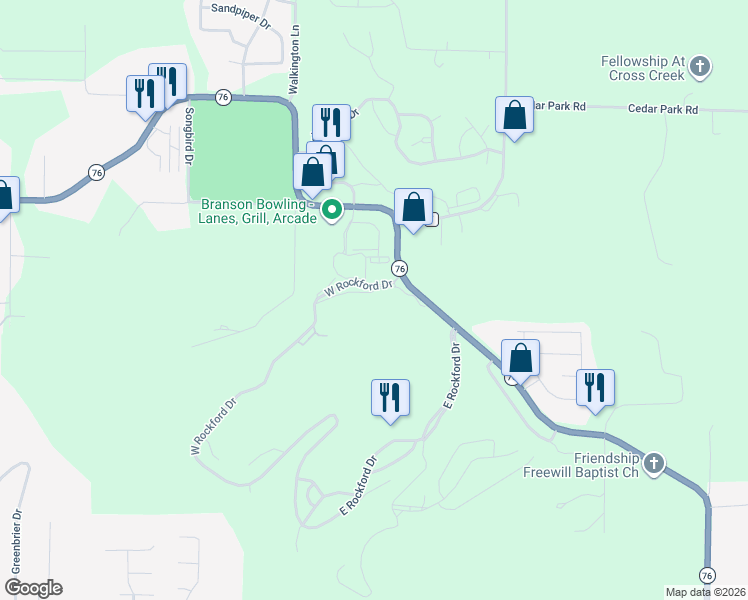 map of restaurants, bars, coffee shops, grocery stores, and more near 140 West Rockford Drive in Branson
