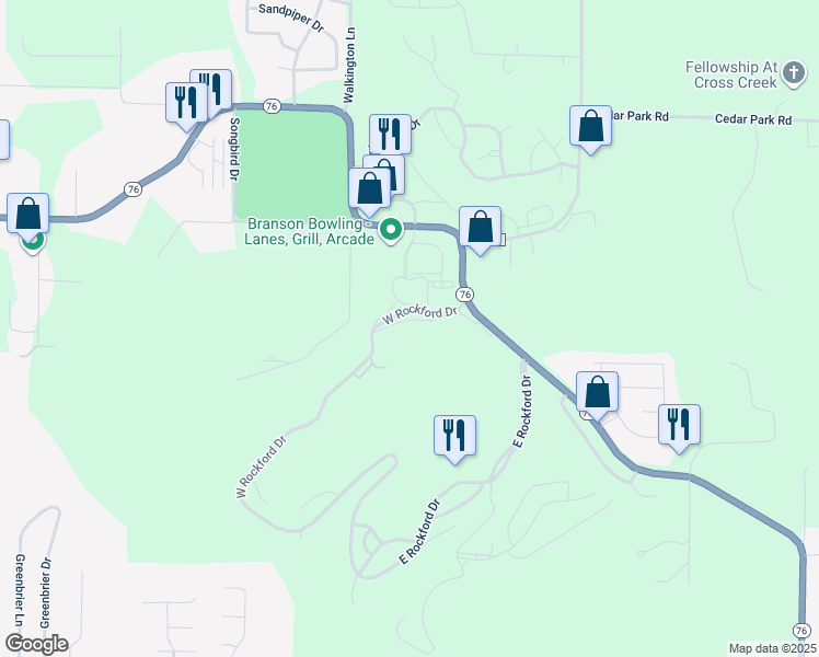 map of restaurants, bars, coffee shops, grocery stores, and more near 160 West Rockford Drive in Branson
