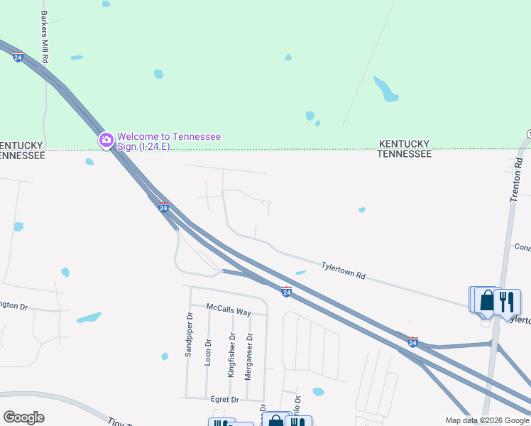 map of restaurants, bars, coffee shops, grocery stores, and more near 1760 Spring Water Drive in Clarksville