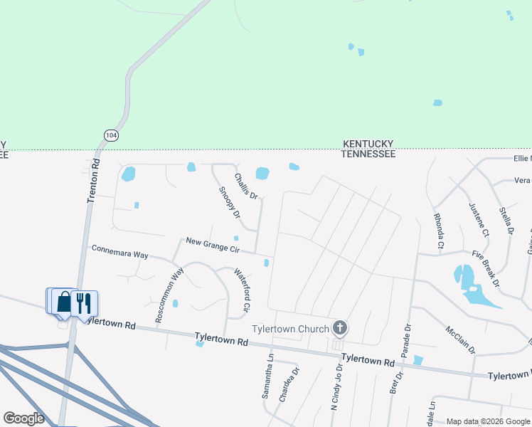 map of restaurants, bars, coffee shops, grocery stores, and more near 4041 Challis Drive in Clarksville