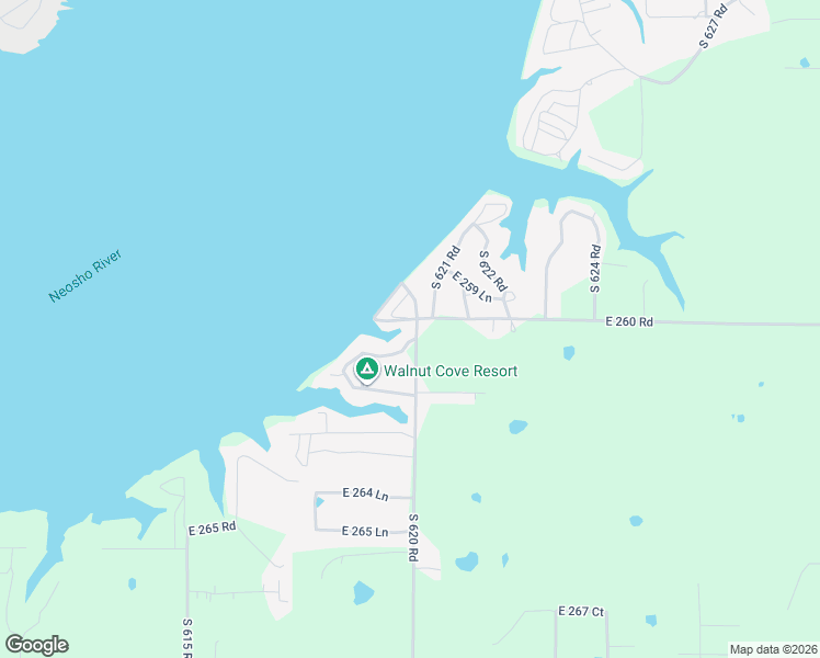 map of restaurants, bars, coffee shops, grocery stores, and more near 62001 East 260 Road in Grove