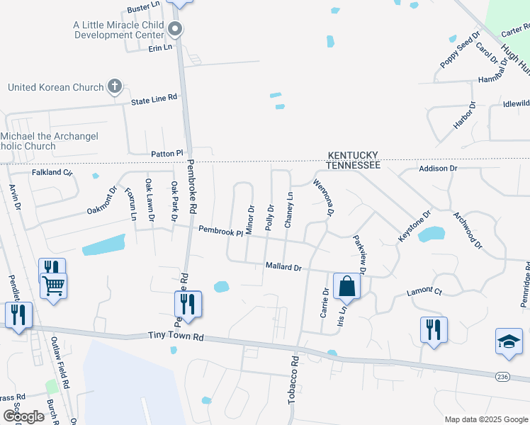 map of restaurants, bars, coffee shops, grocery stores, and more near 3408 Polly Drive in Clarksville