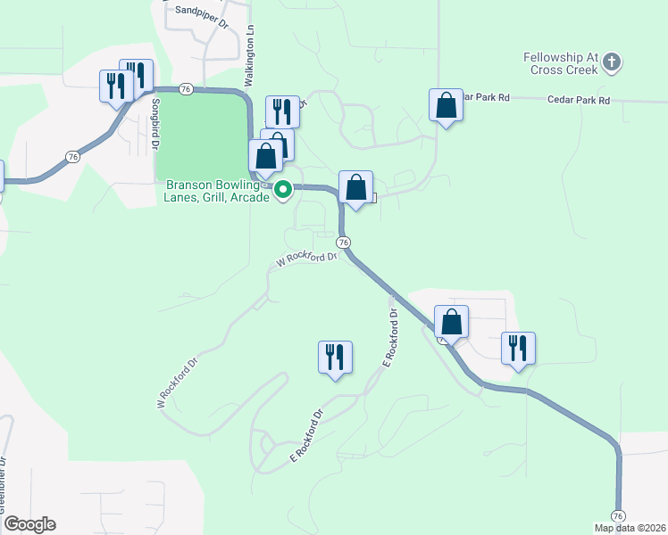 map of restaurants, bars, coffee shops, grocery stores, and more near 130 West Rockford Drive in Kirbyville