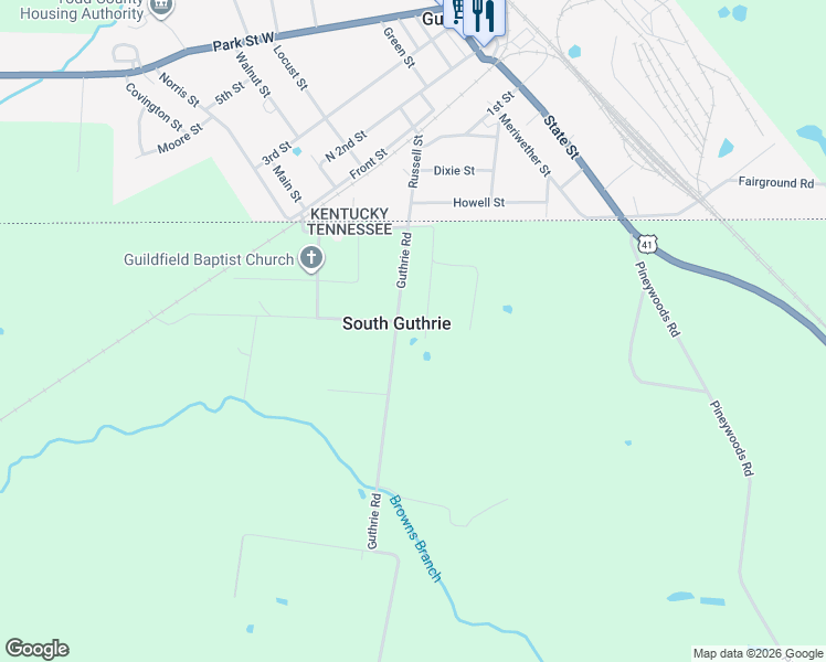 map of restaurants, bars, coffee shops, grocery stores, and more near 5125 Guthrie Road in Clarksville