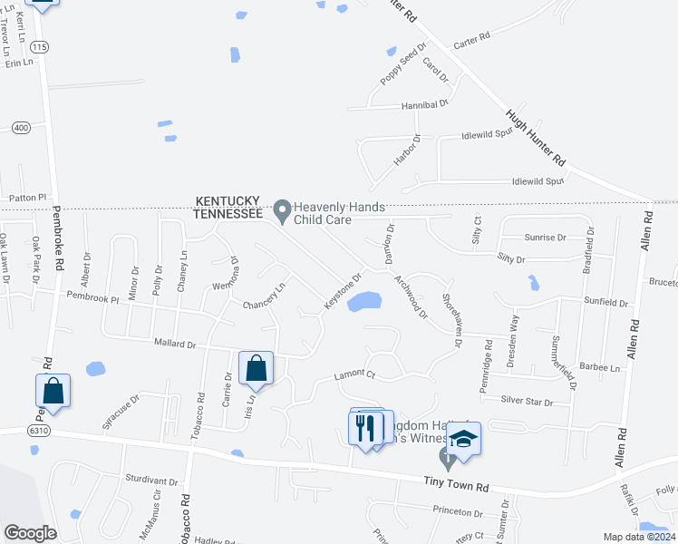 map of restaurants, bars, coffee shops, grocery stores, and more near 1263 Cobblestone Lane in Clarksville